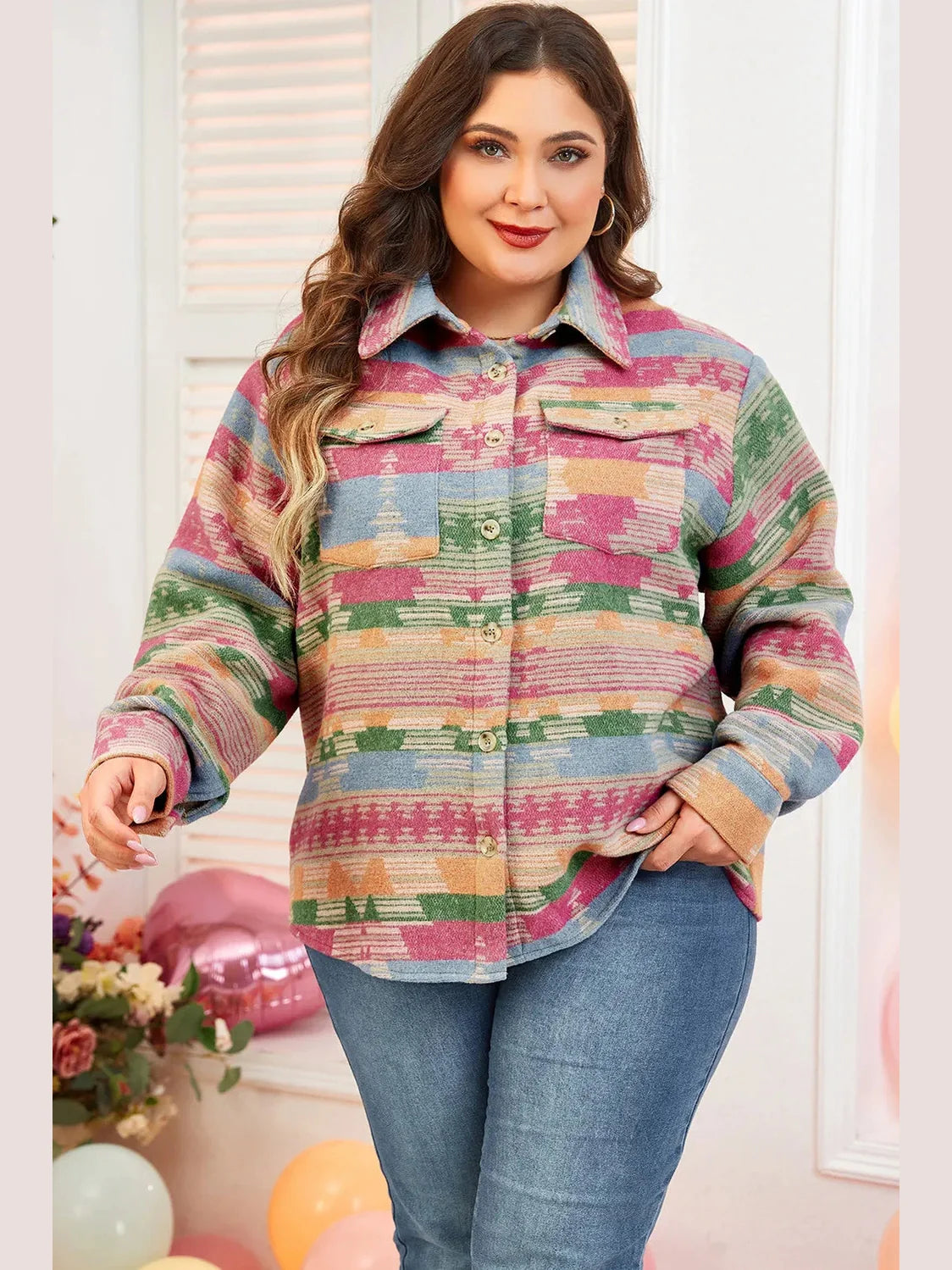 Plus Size Pocketed Printed Collared Neck Jacket