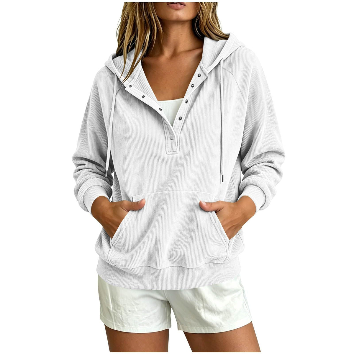 2026 Autumn New Style European Women's Dressy Corduroy Hooded Sweatshirt With Half-Closed Button And Drawstring Loose Top For Women
