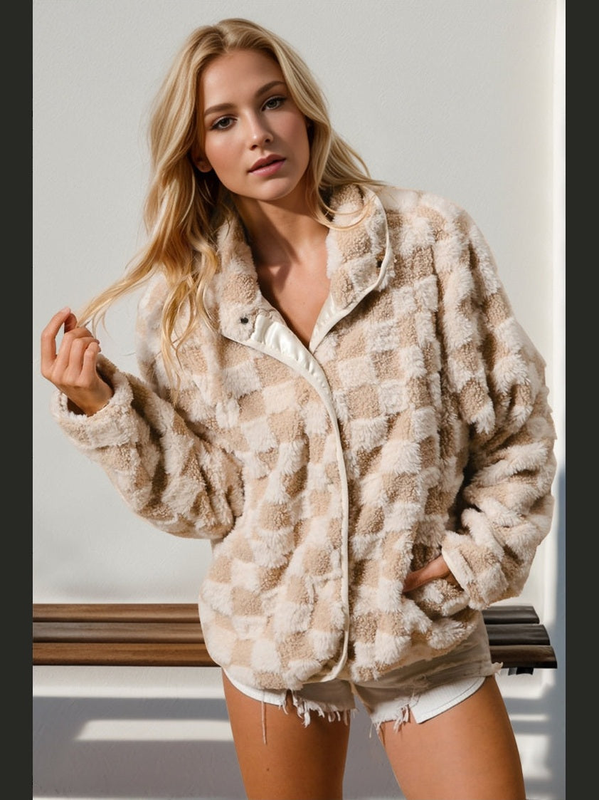 Women Double Take Checkered Long Sleeve Fuzzy Jacket