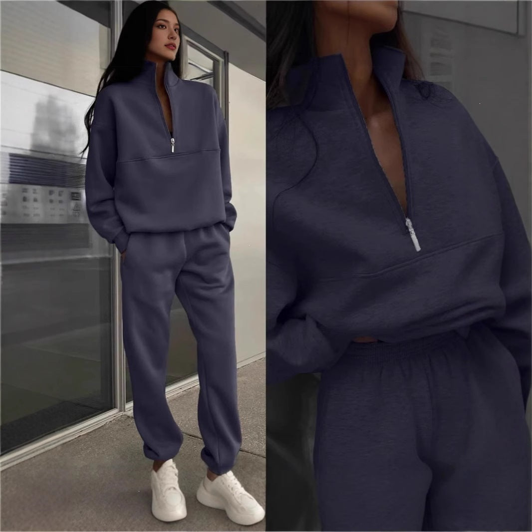 2026 European-style Autumn-Winter New  Stylish Flipping Collar Solid Color Casual Retro Style Set