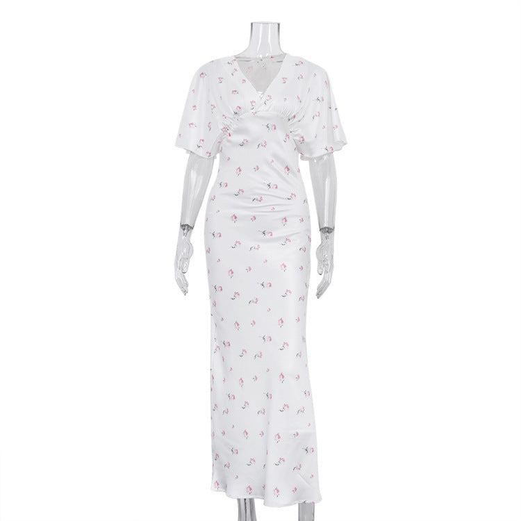 Floral V-neck Short-sleeved High-waisted Bodycon Dress