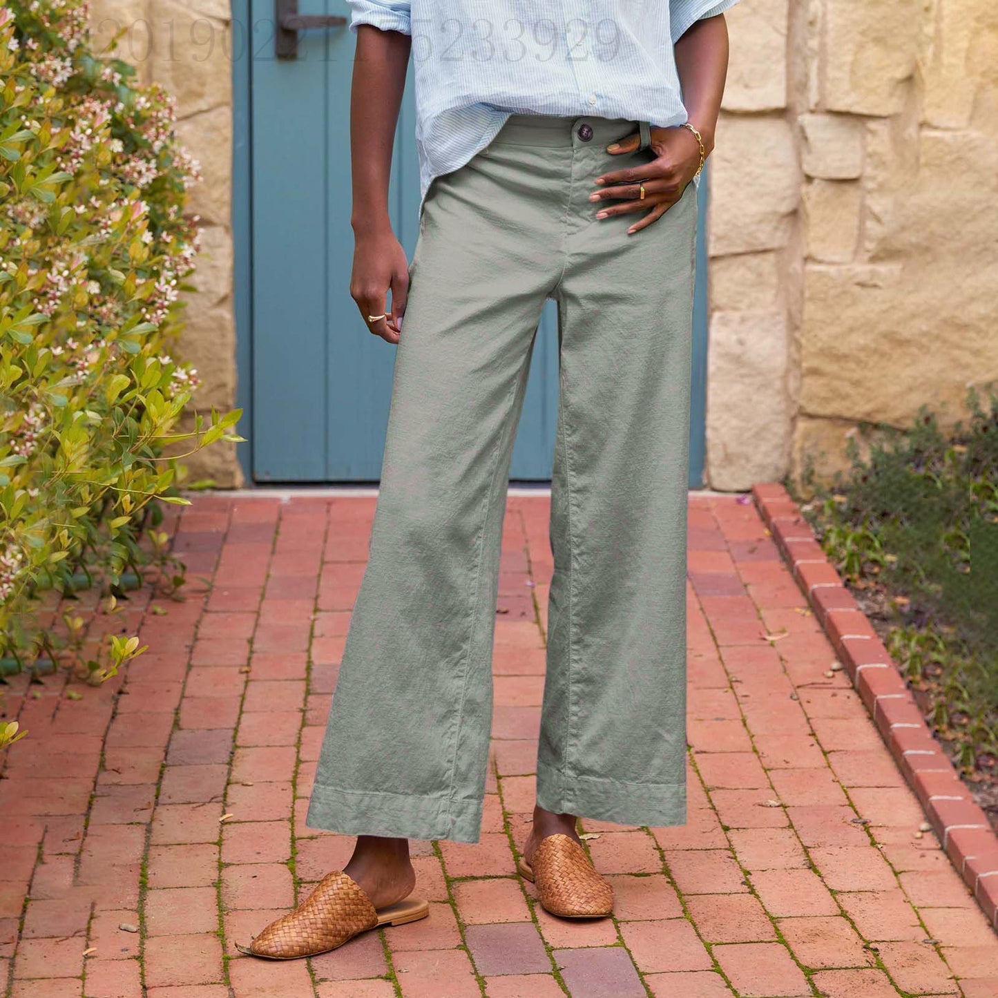European And American Style High-Waisted Solid Color Cropped Flared Loose Wide-Leg Womens Trousers With Buttons