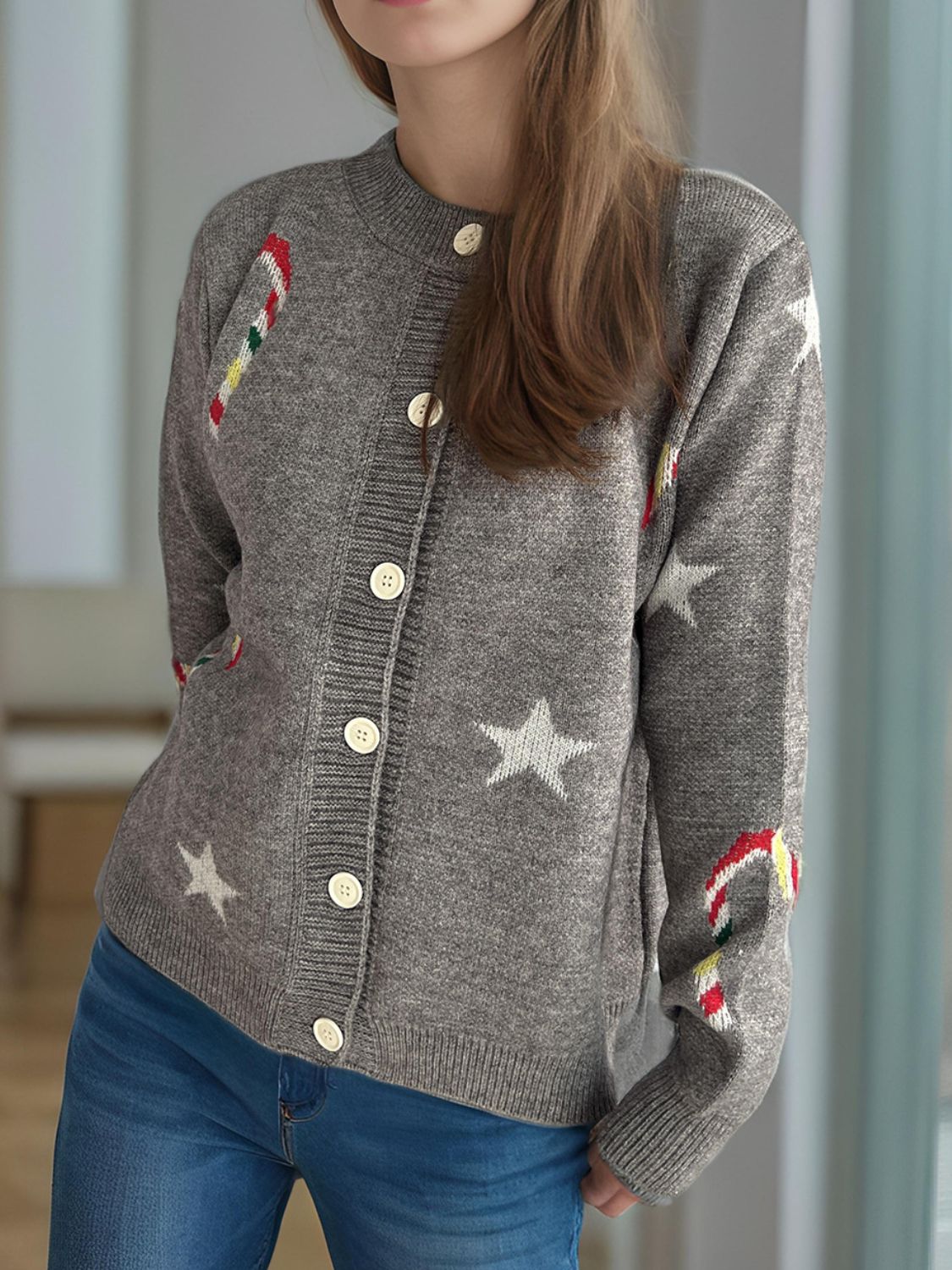 Women Candy Cane & Star Button Down Long Sleeve Christmas Cardigan