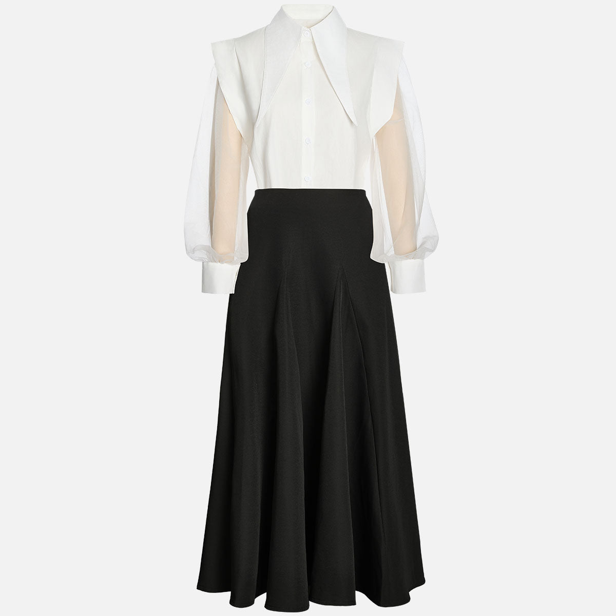 Black & White Oversized Shoulder Shirt & High-Waisted Maxi Skirt Set