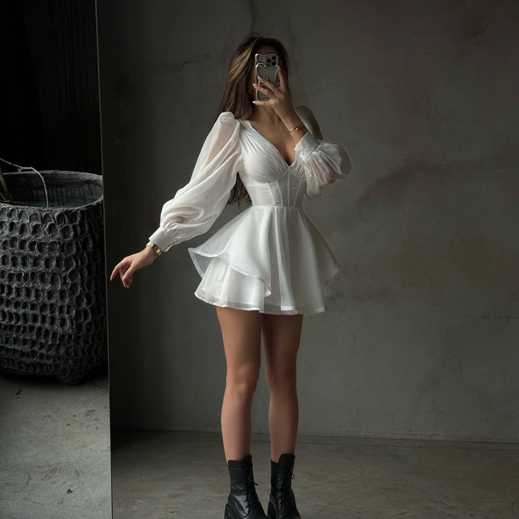 White Corset Puff Sleeve Mini Dress