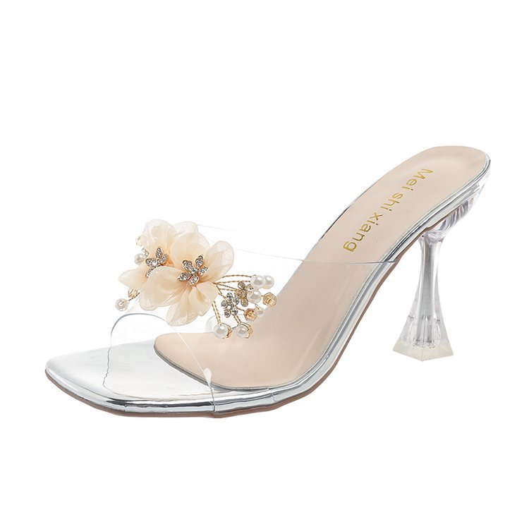 Transparent Slippers Outer Wear Stiletto Open Toe Flip-flops Flowers