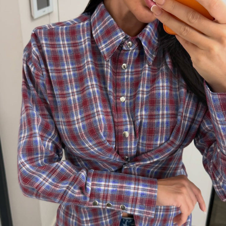 Retro Plaid Collared Long-sleeved Fitted Shirt