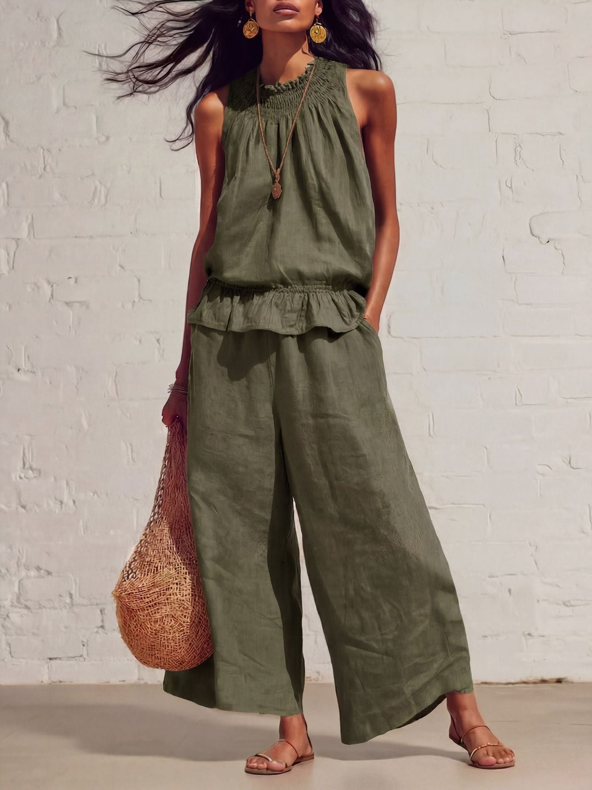Summer Sleeveless Suit Fashion Ruffled Vest Top And Straight-leg Pants Women's Two-Piece Set