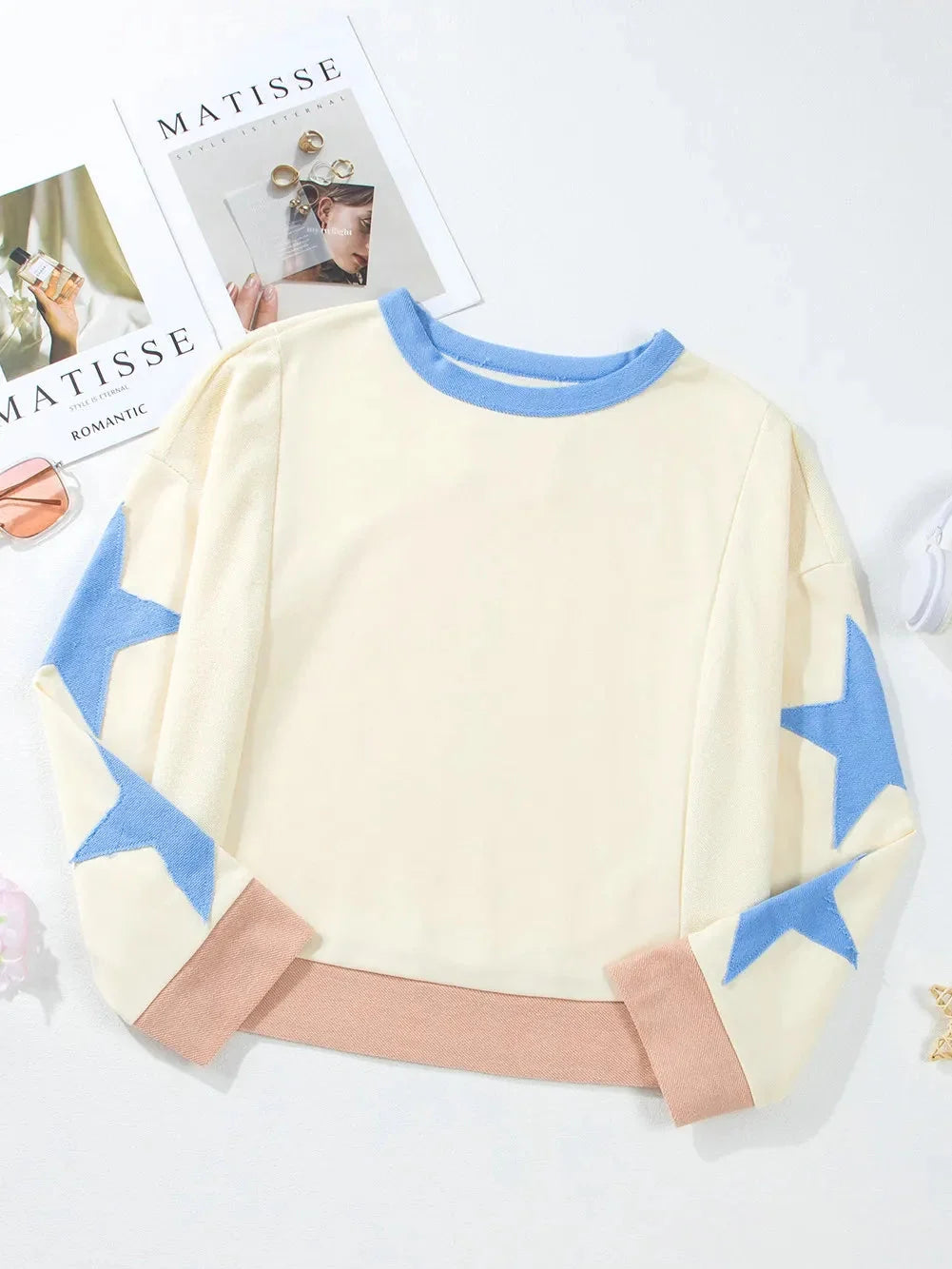 Women Star Contrast Round Neck Long Sleeve Sweatshirt