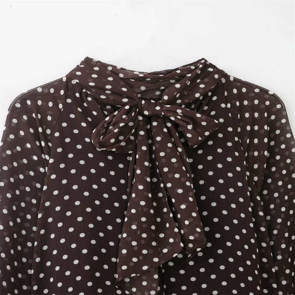 Polka Dot Long-Sleeve Shirt With Bow