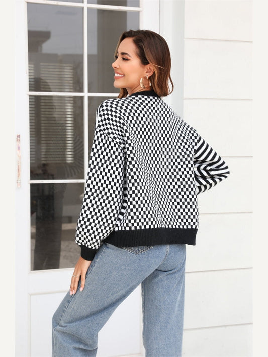 Women Button-Down Stripe & Plaid Contrast Pattern Cardigan Sweater