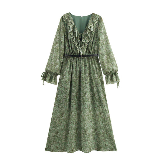 Vintage Floral Long Dress Printed Long Sleeve Laminated Decoration Printed Dress