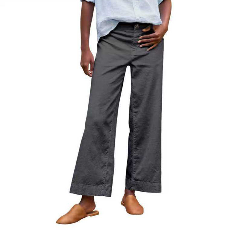 European And American Style High-Waisted Solid Color Cropped Flared Loose Wide-Leg Womens Trousers With Buttons