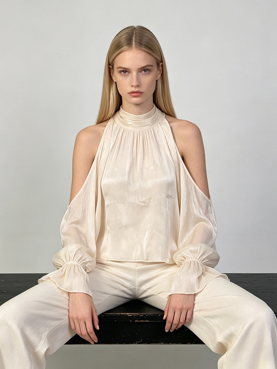 Cream Cold-Shoulder Halter Blouse