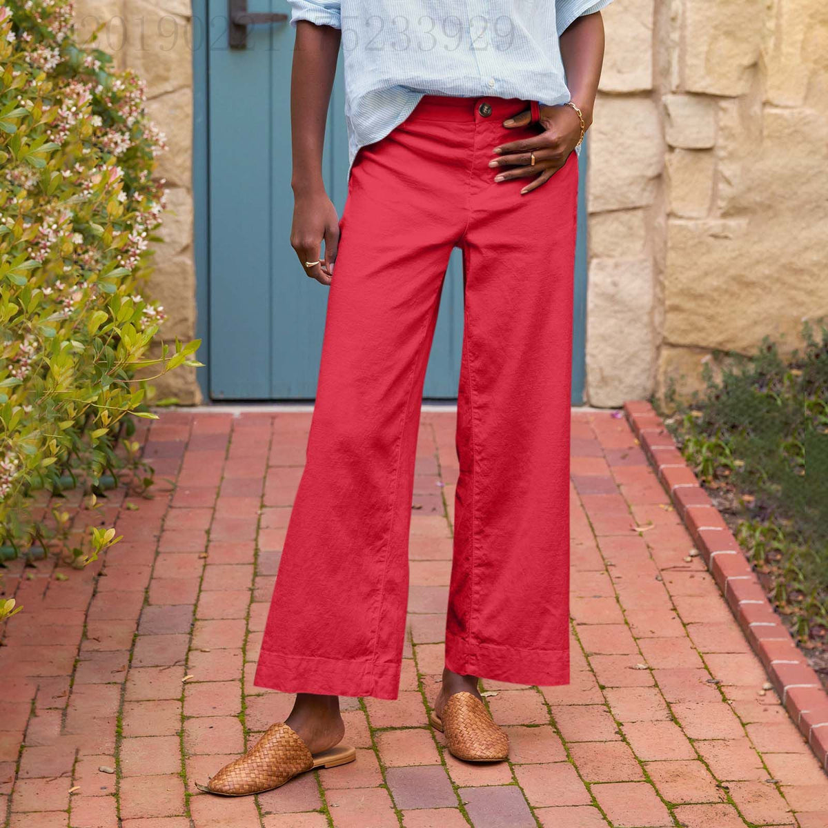 European And American Style High-Waisted Solid Color Cropped Flared Loose Wide-Leg Womens Trousers With Buttons