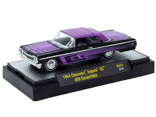 1964 Chevrolet Impala SS 409 Convertible Black Metallic with Purple Graphics and Purple Soft Top Limited Edition to 11000 pieces Worldwide 1/64 Diecast Model Car by M2 Machines