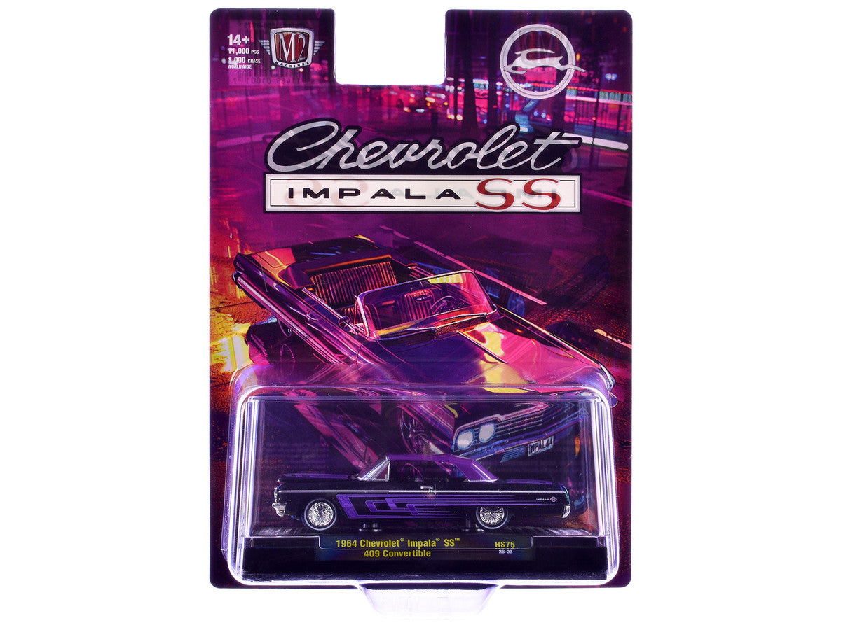 1964 Chevrolet Impala SS 409 Convertible Black Metallic with Purple Graphics and Purple Soft Top Limited Edition to 11000 pieces Worldwide 1/64 Diecast Model Car by M2 Machines
