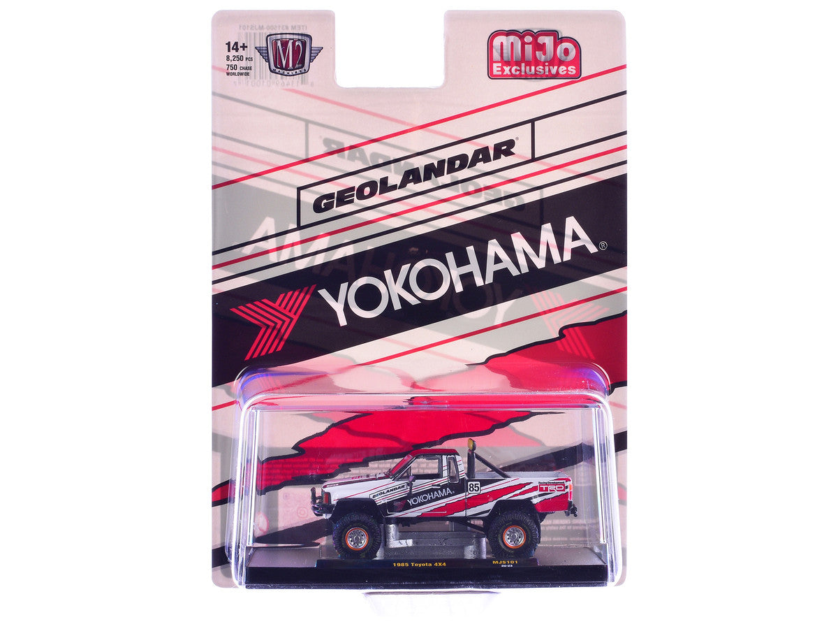 1985 Toyota SR5 4×4 Pickup Truck #85 "Yokohama" White with Black Top and Red and Black Graphics Limited Edition to 8250 pieces Worldwide 1/64 Diecast Model Car by M2 Machines