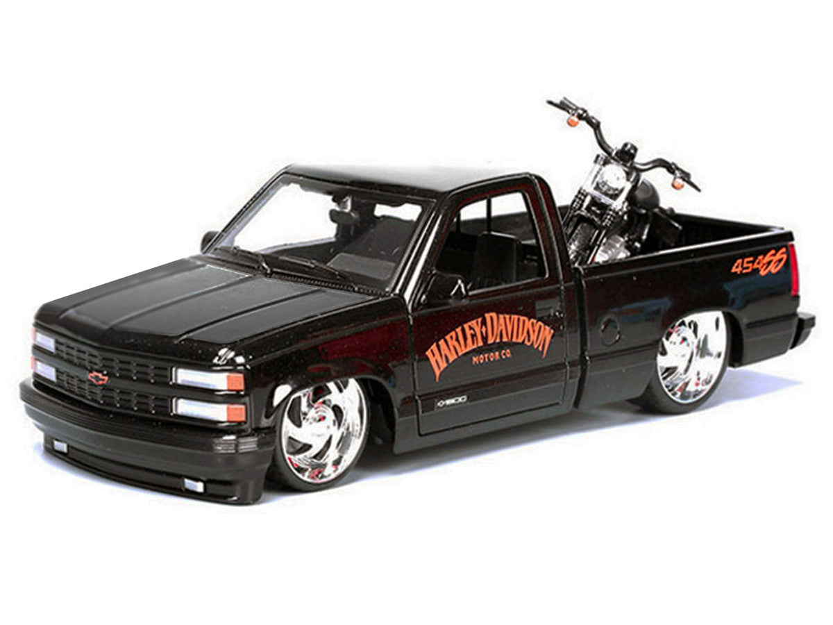 1993 Chevrolet 454 SS Pickup Truck "Harley Davidson" Black and 2007 Harley-Davidson XL 1200N Nightster Motorcycle Black "H-D Custom" Series 1/24 Diecast Model Car by Maisto