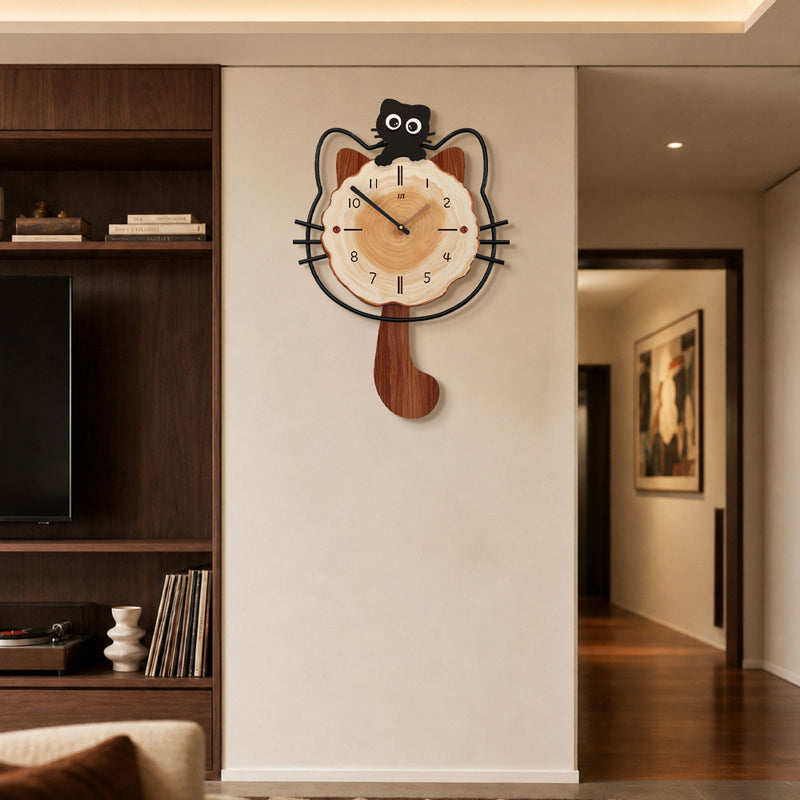 Modern Kitty Wall Clock Cartoon Wooden Hanging Decor For Bedroom