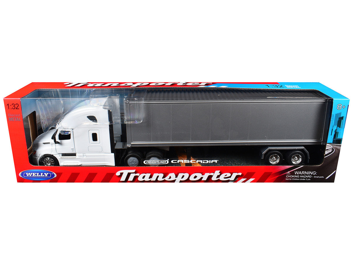 Freightliner Cascadia Truck White with Gray Container "Transporter" Series 1/32 Diecast Model by Welly
