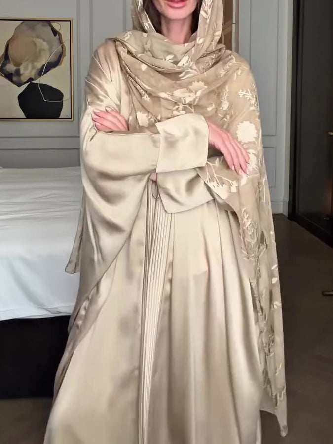 Light Beige Satin Floral Jacquard Pleated Longline Kimono Cardigan