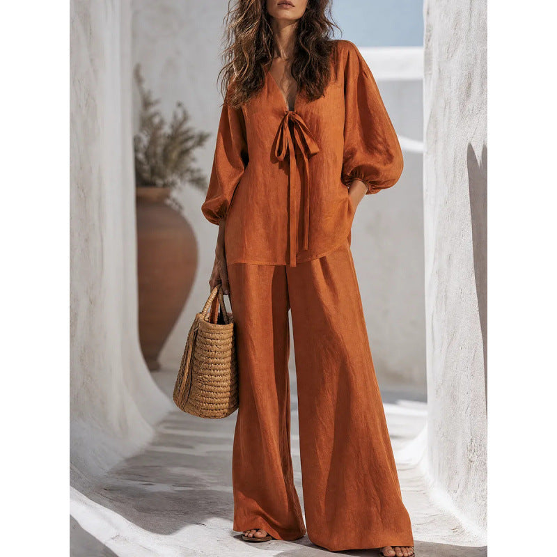 Independent Station Cross-border 2026 European And American Style Spring And Summer New Simple Casual Solid Color Lace-up Jacket Straight Pants Two-piece Set