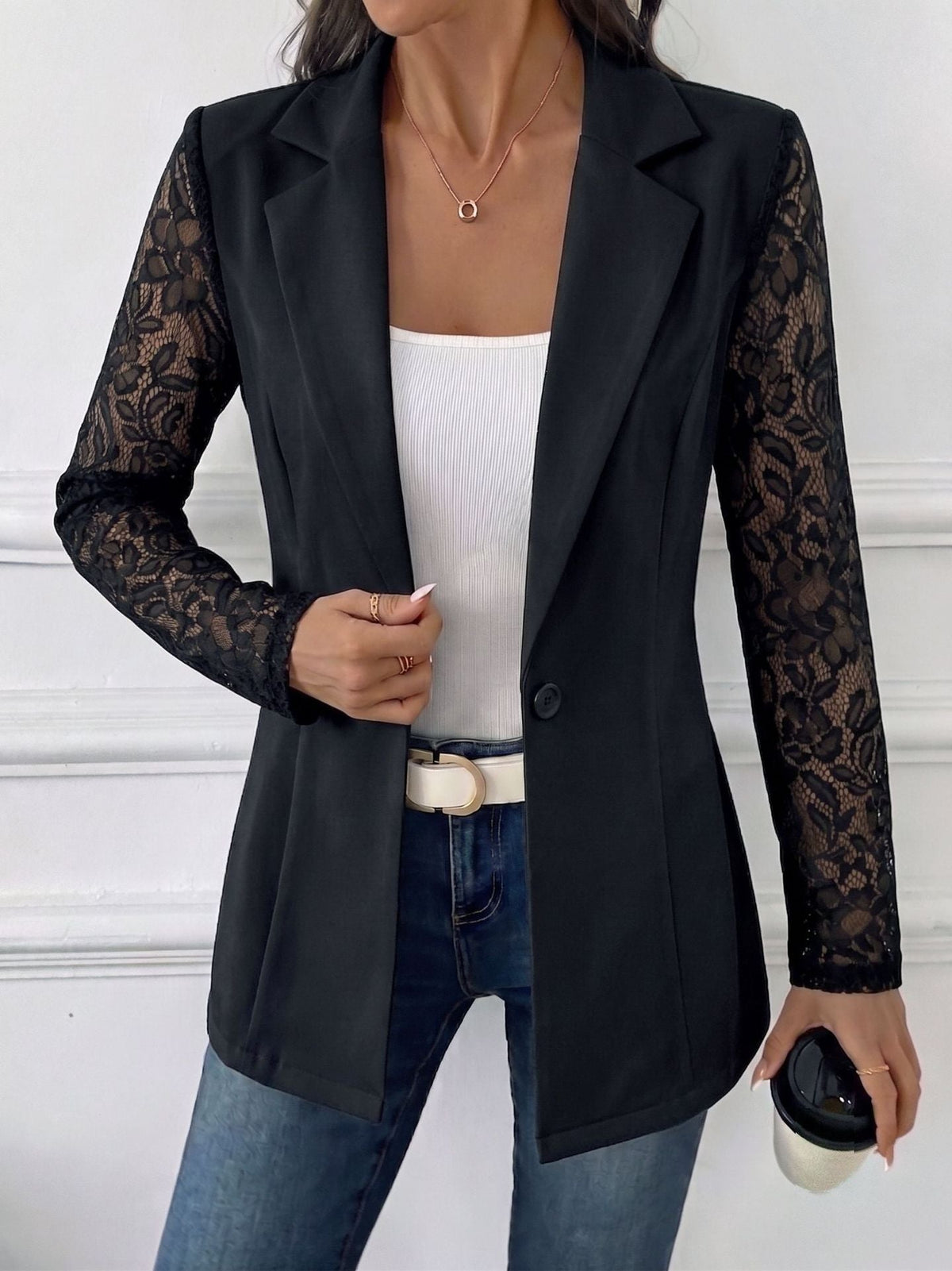 European And American Cross-border 2026 Autumn New Fashion Lapel Slim-fit One-button Blazer With Lace Long-sleeve Patchwork Jacket