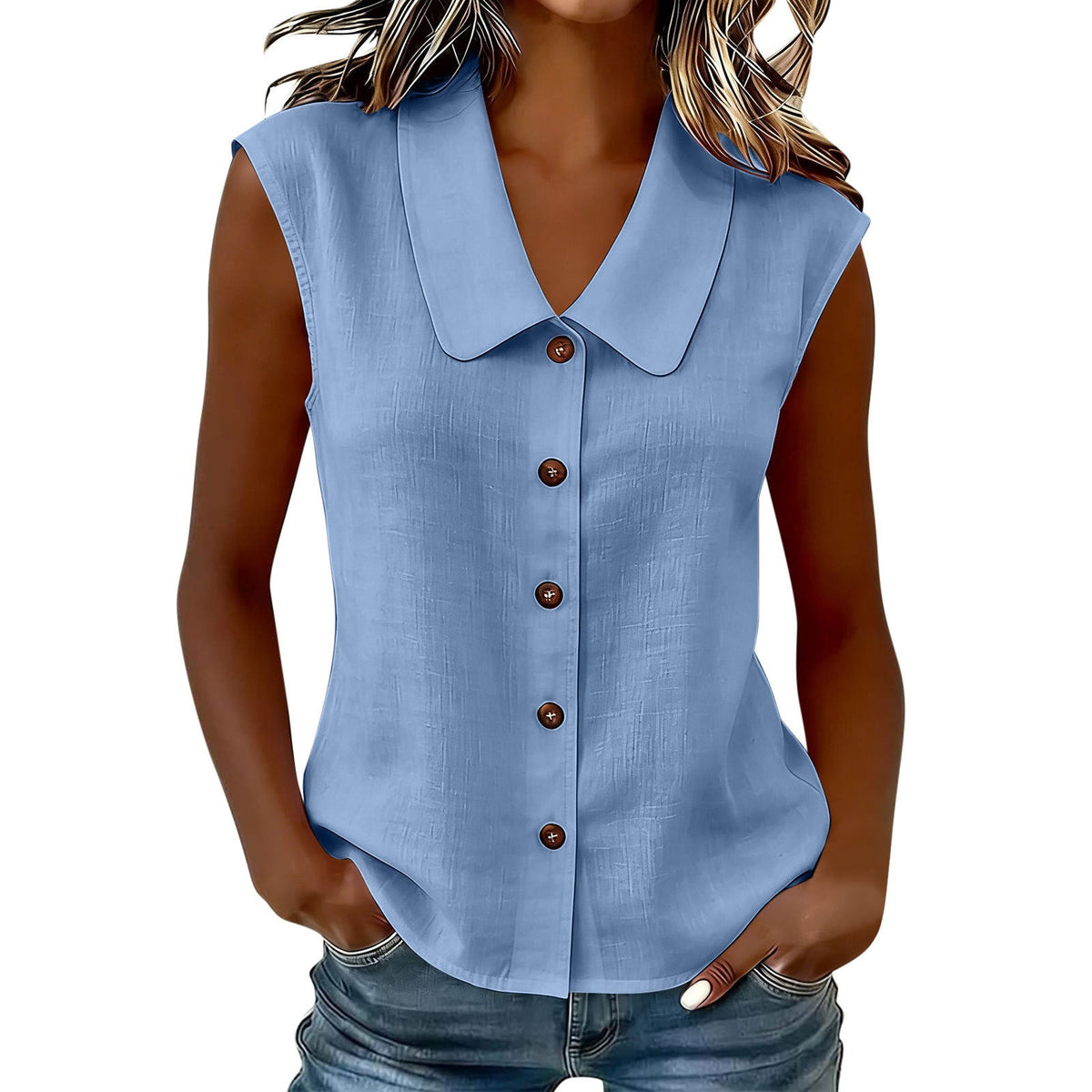 2026 Spring Summer Women S Elegant Business Polo Neck Button Down Blouse Without Sleeves
