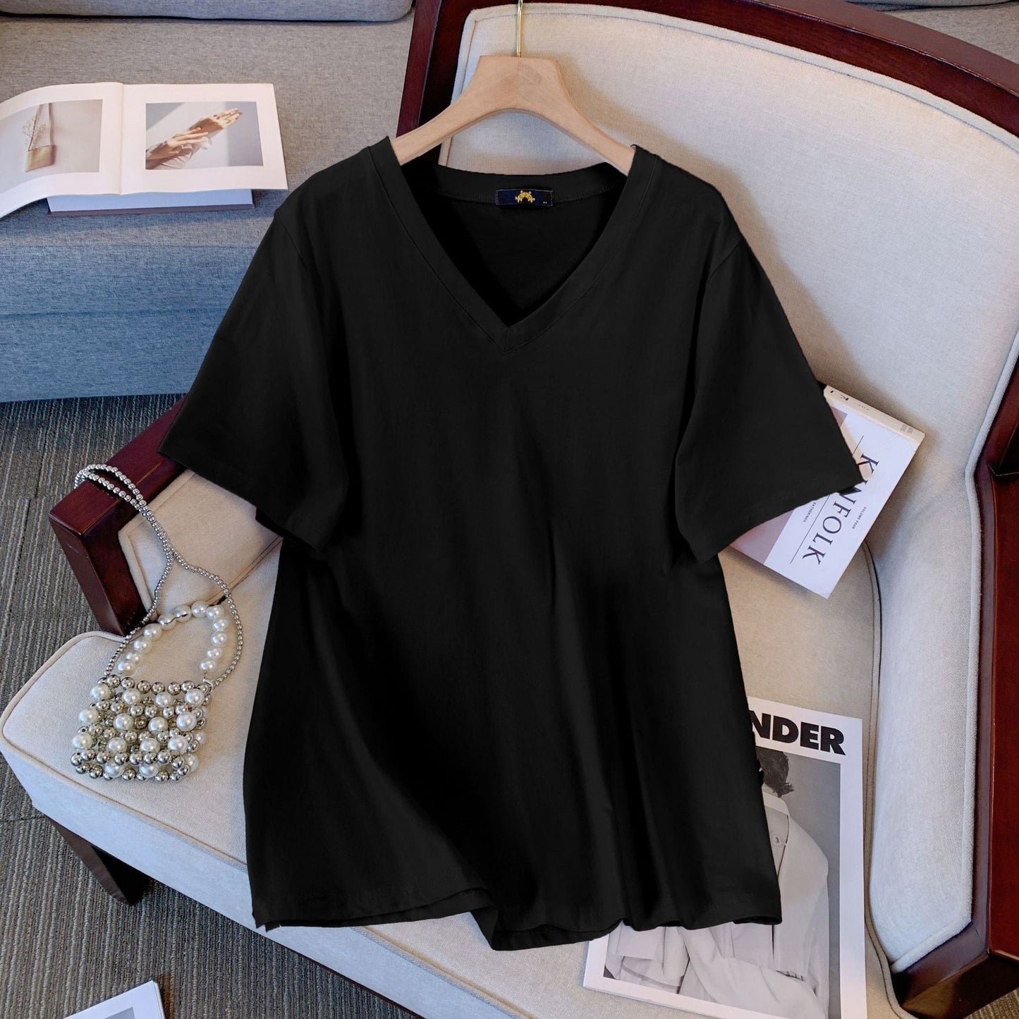 Summer Pure Cotton Short Sleeve T-shirt Top V-neck Loose