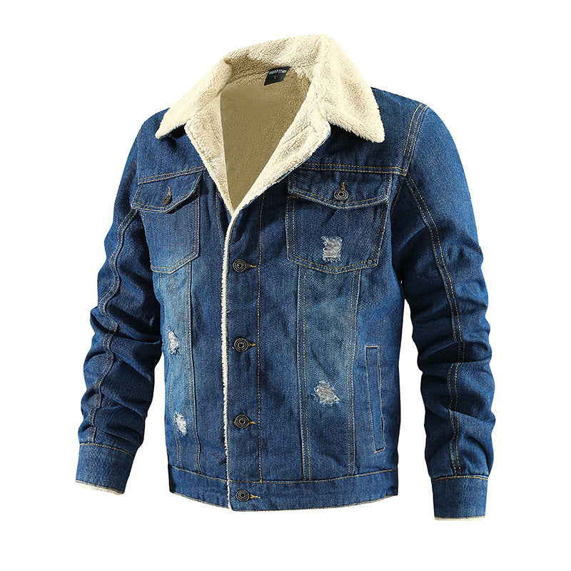 2026 Cross-Border Autumn And Winter Men's Long-Sleeve Fleece-Lined Thickened Denim Jacket With Turn-Down Collar, Large Size, Casual Versatile Fashion Urban Style