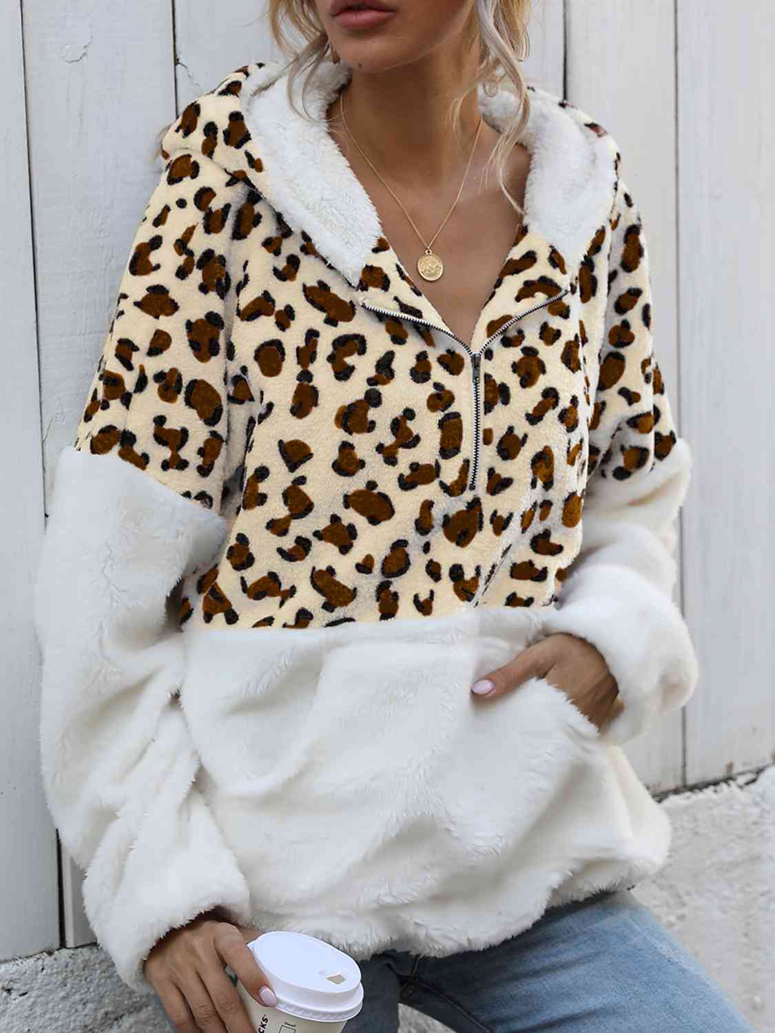 Women Leopard Half-Zip Dropped Shoulder Hoodie