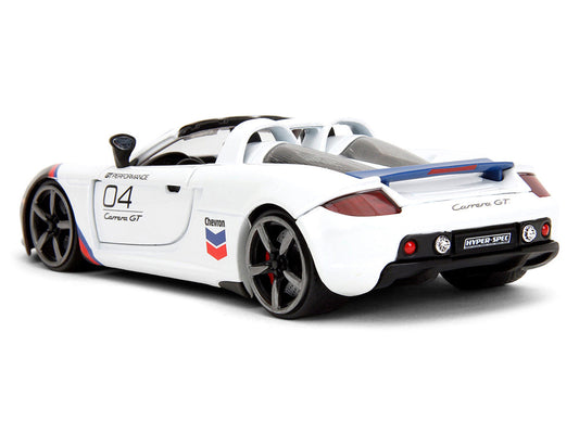 Porsche Carrera GT Convertible #04 "Chevron" White with Graphics "Hyper-Spec" Series 1/24 Diecast Model Car by Jada