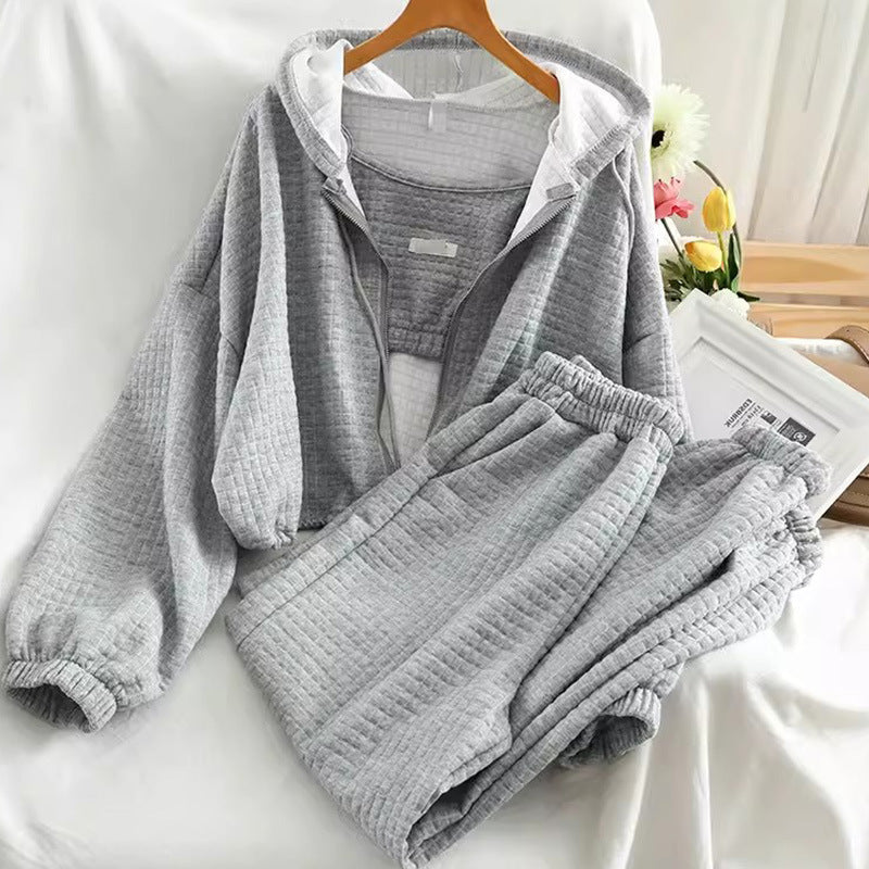 Japanese Korean Casual Hooded Cardigan Set - Zipper Sports Three Piece Suit (Black, Gray, White)