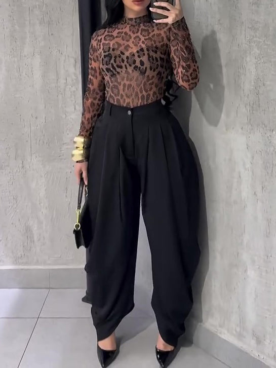 Leopard Print High Neck Diamond Long Sleeve Top