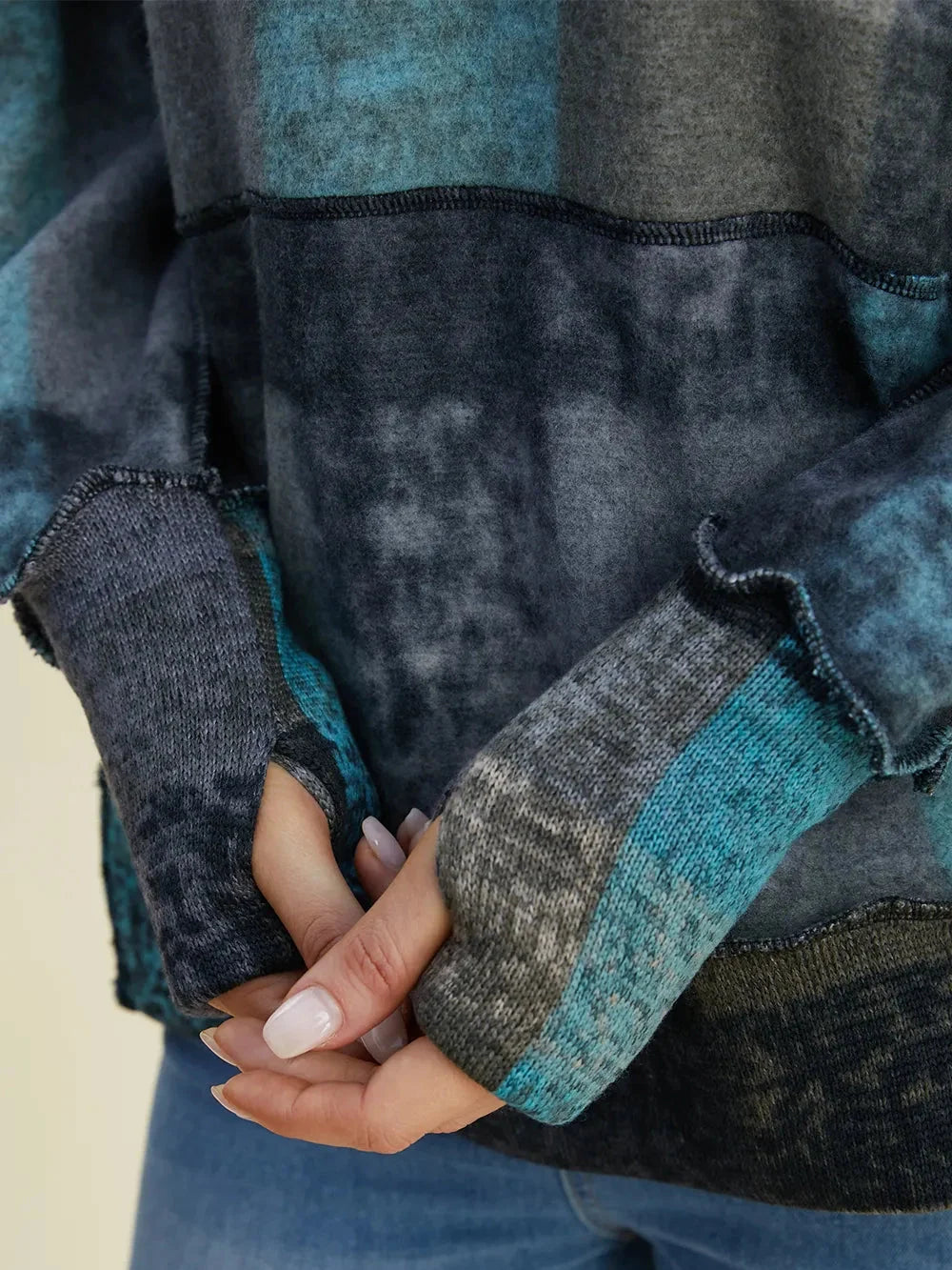 Double Take Full Size Plaid Dropped Shoulder Fleece Hoodie