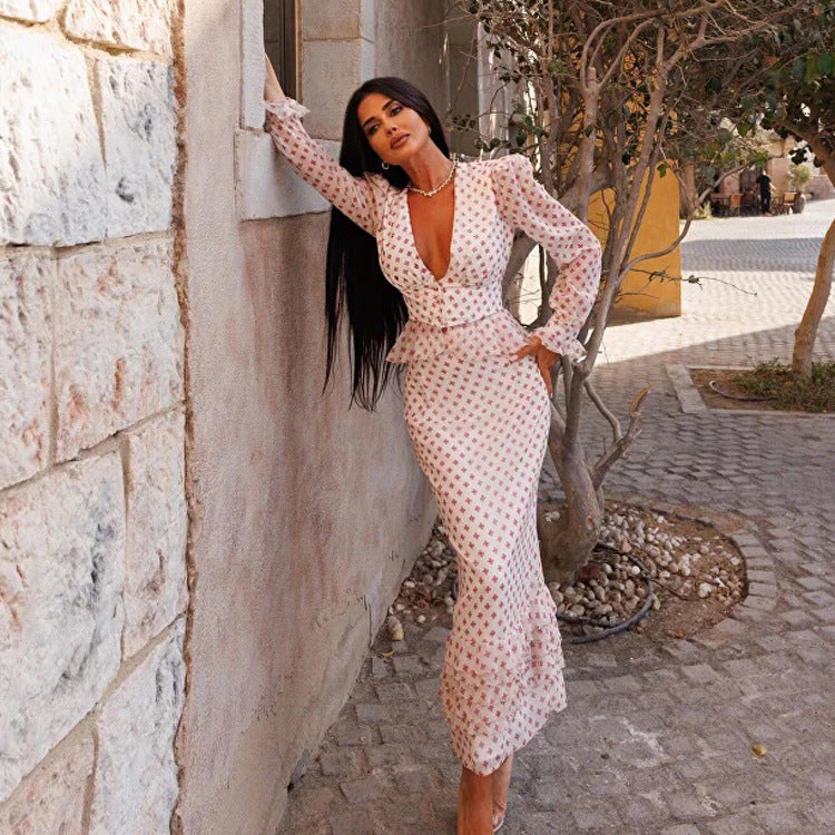 Cross Print Two-Piece Peplum Set