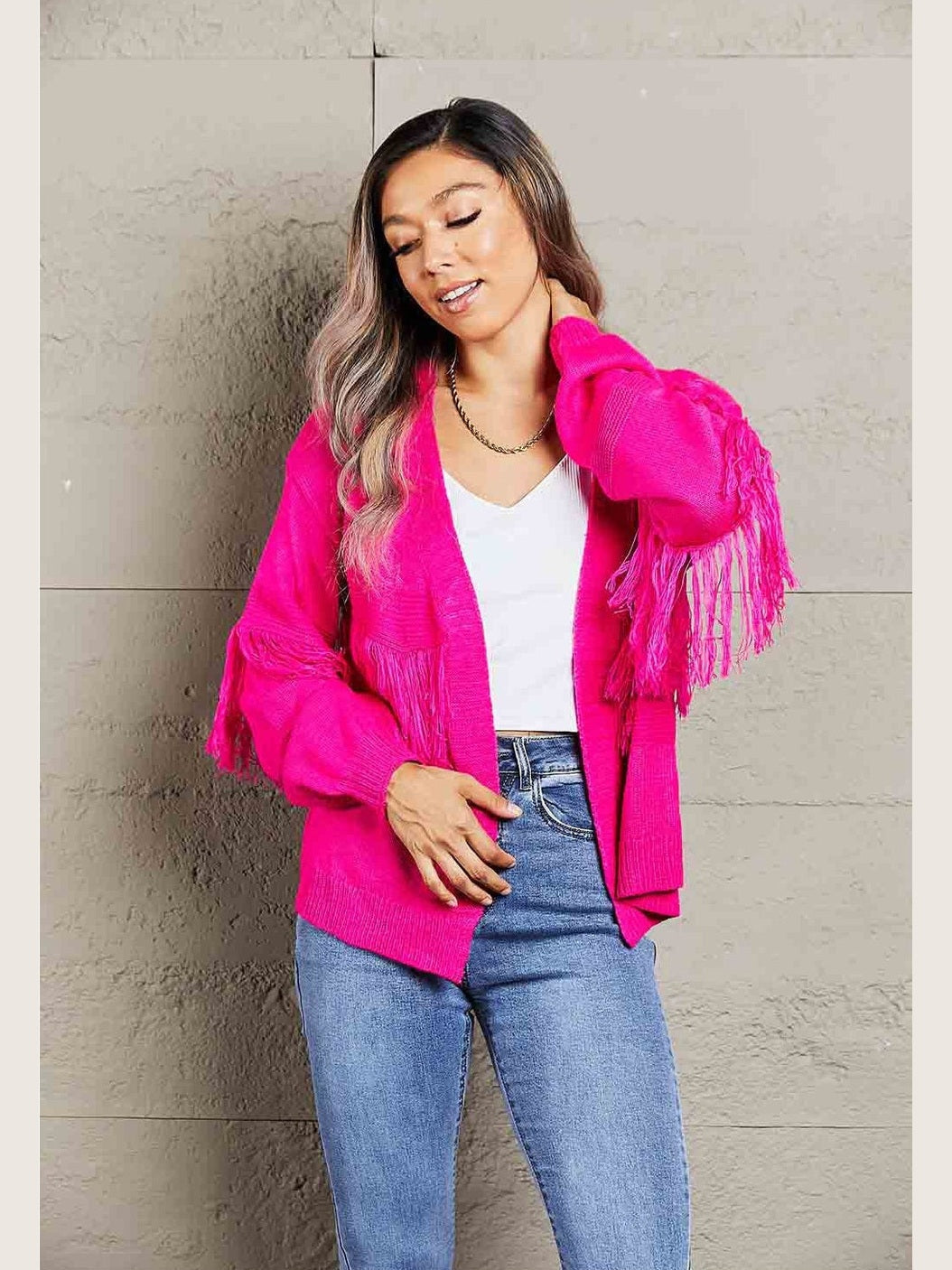 Women Double Take Fringe Trim Open Front Cardigan Sweater