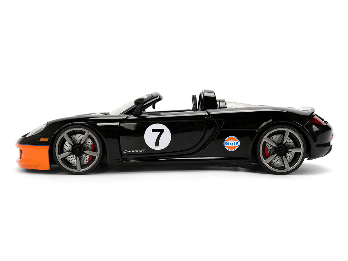 Porsche Carrera GT Convertible #7 "Gulf Oil" Black with Orange Graphics "Hyper-Spec" Series 1/24 Diecast Model Car by Jada