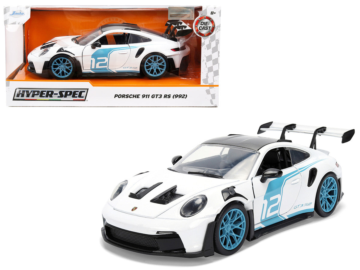 Porsche 911 GT3 RS (992) #12 White with Blue Stripes and Carbon Top "Hyper-Spec" Series 1/24 Diecast Model Car by Jada