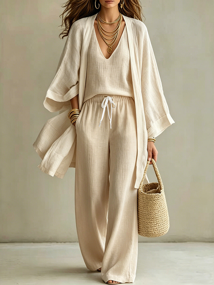 Womens Casual Three-piece Set Nine-quarter-sleeve Cardigan Sleeveless Vest And Long Pants