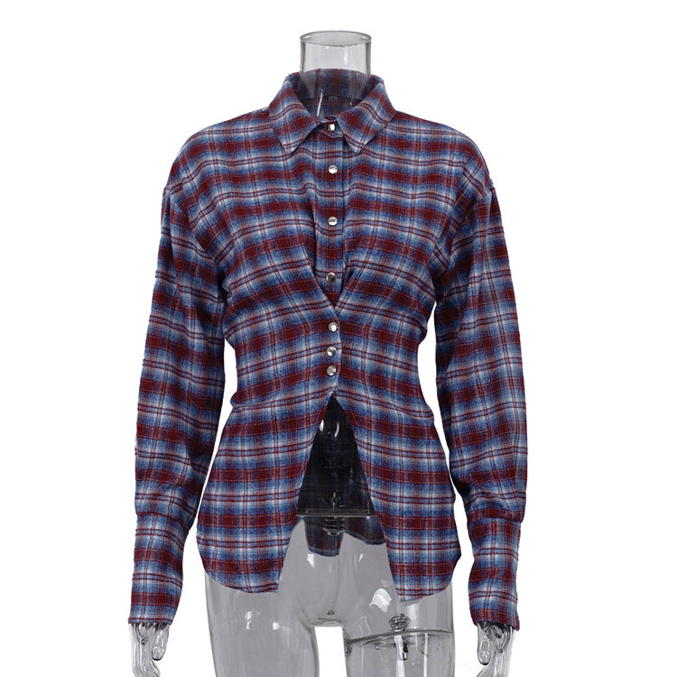 Retro Plaid Collared Long-sleeved Fitted Shirt
