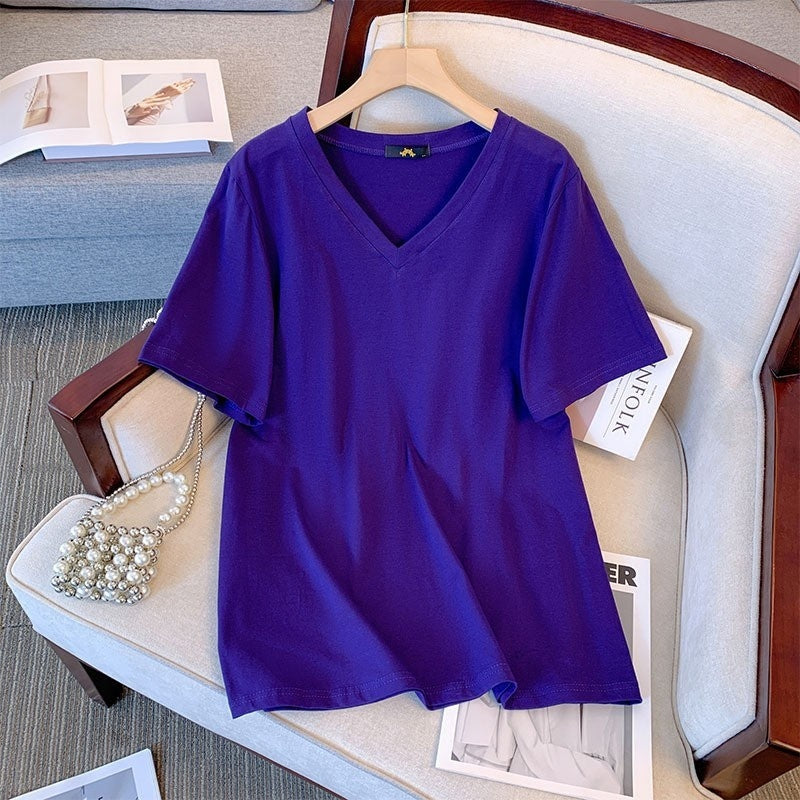 Summer Pure Cotton Short Sleeve T-shirt Top V-neck Loose