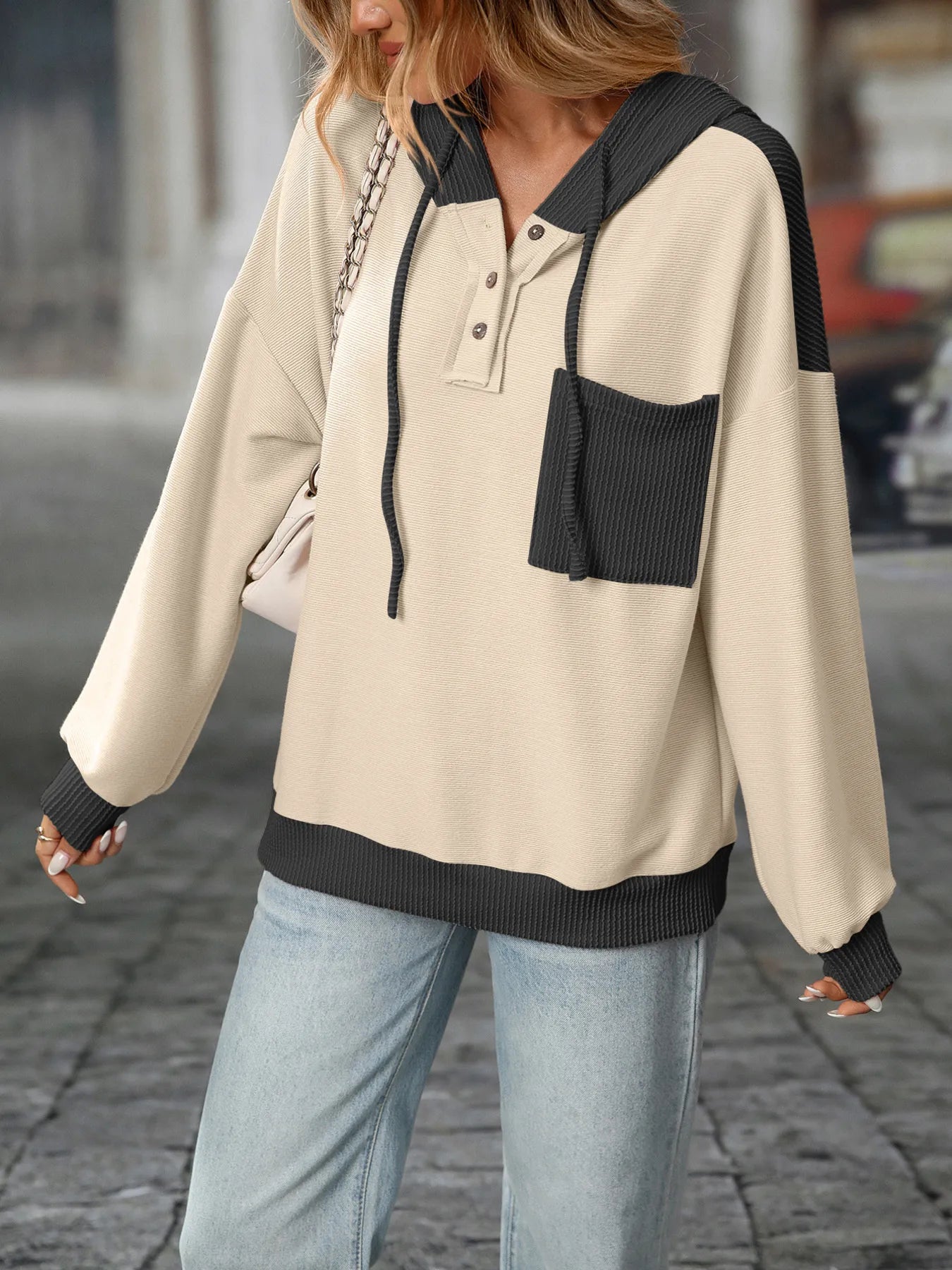 Drawstring Button Detail Long Sleeve Hoodie