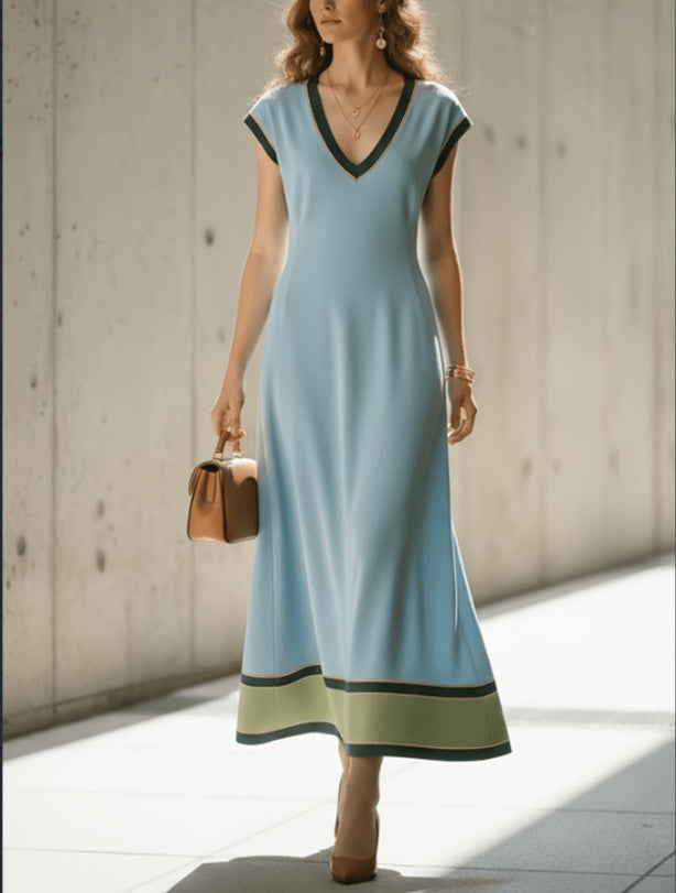 2026 New Haze Blue V-neck Contrasting Edge Waist Cinched Sleeveless Mid Length Temperament Dress