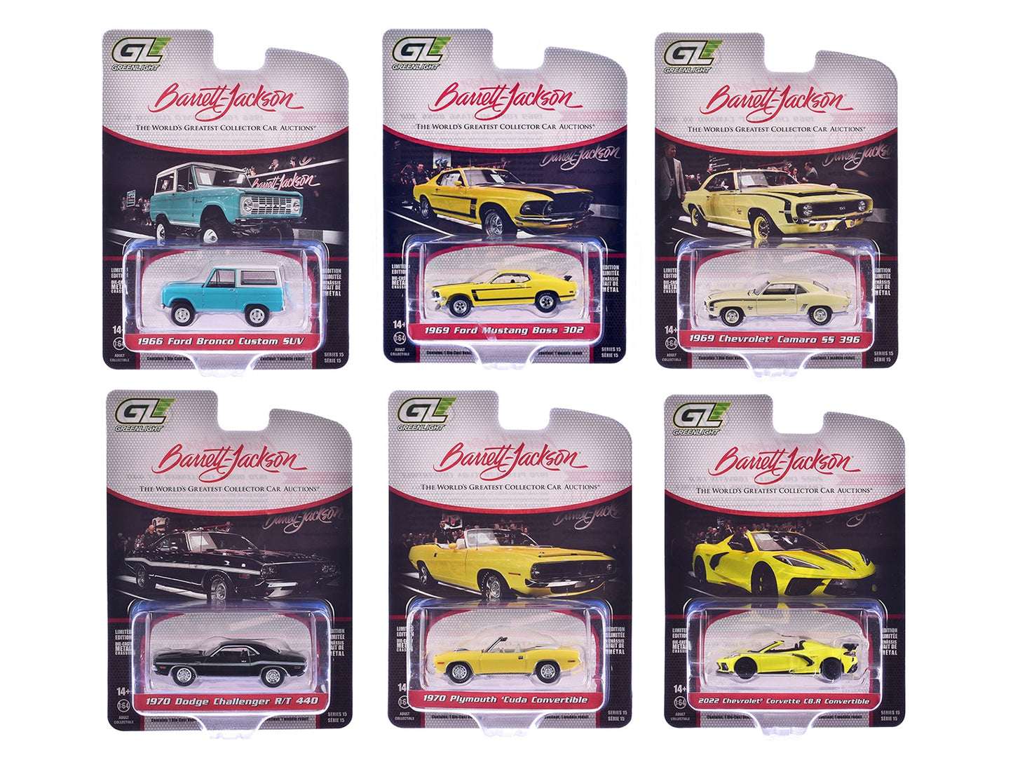 "Barrett-Jackson" Series 15 Set of 6 Cars 1/64 Diecast Model Cars by Greenlight
