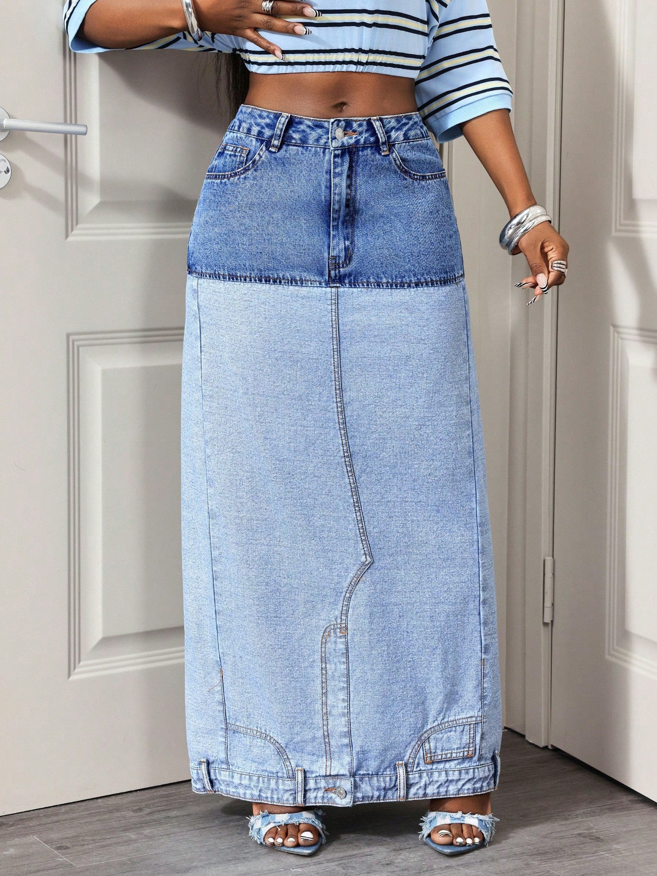 Asymmetric Two-Tone Denim Maxi Skirt
