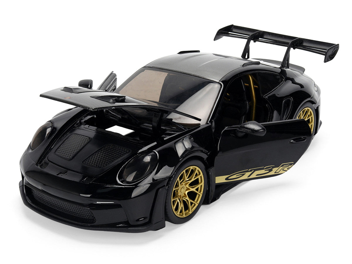 Porsche 911 (992) GT3 RS Black with Carbon Top and Hood Stripes and Gold Wheels "Hyper-Spec" 1/24 Diecast Model Car by Jada