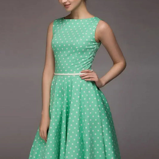 Women's Vintage Polka Dot Sleeveless Dress O-Neck Summer Cocktail Party Dress