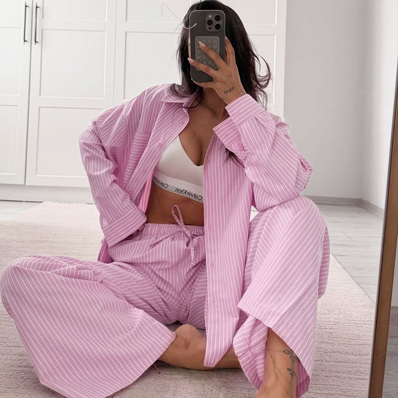 Fashionable Striped Casual Simple Womens Long-Sleeve Top And Pants Loose Set
